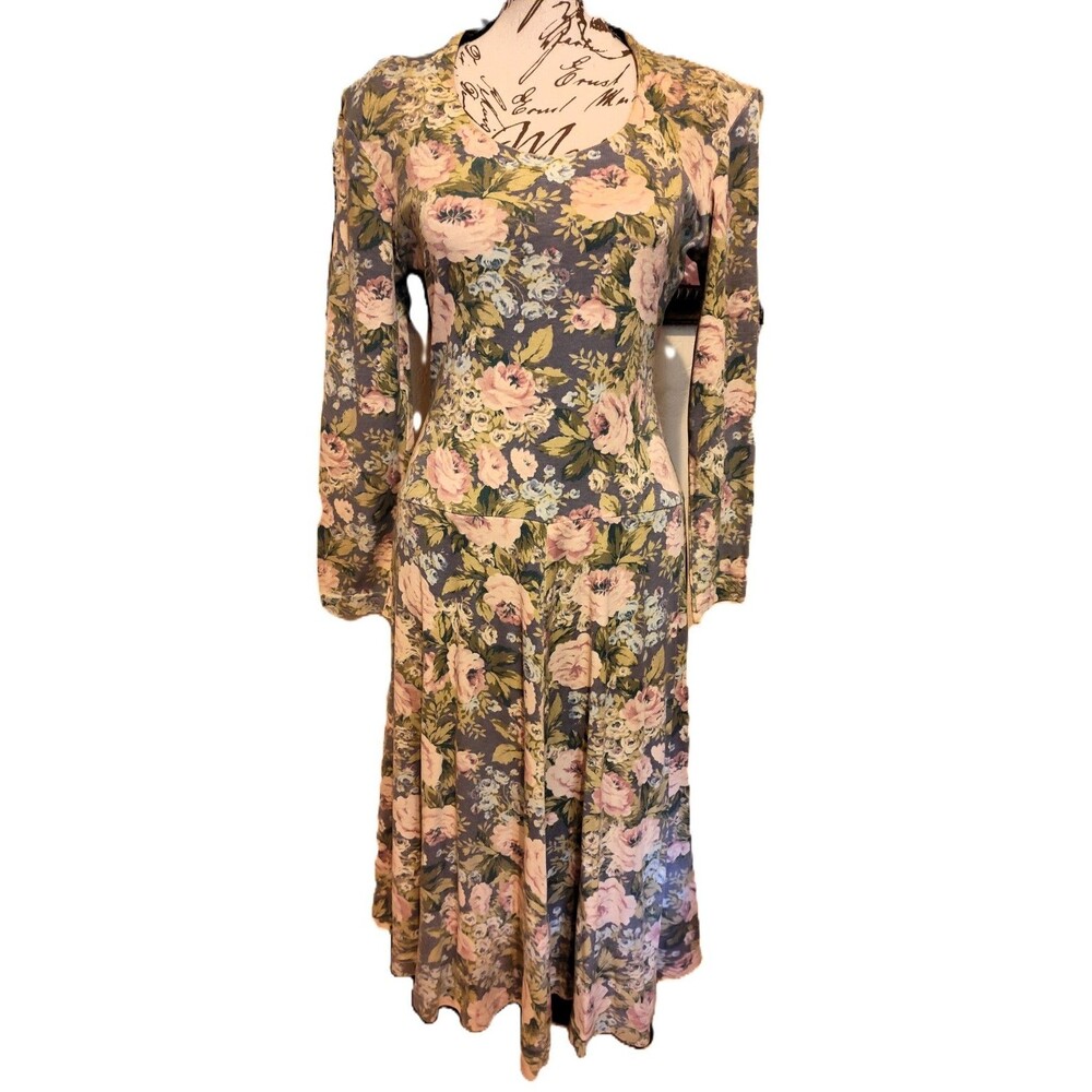 Vintage Ellen Hart Originals Grey Flower pattern Stretch Dress W Shoulder Pads S